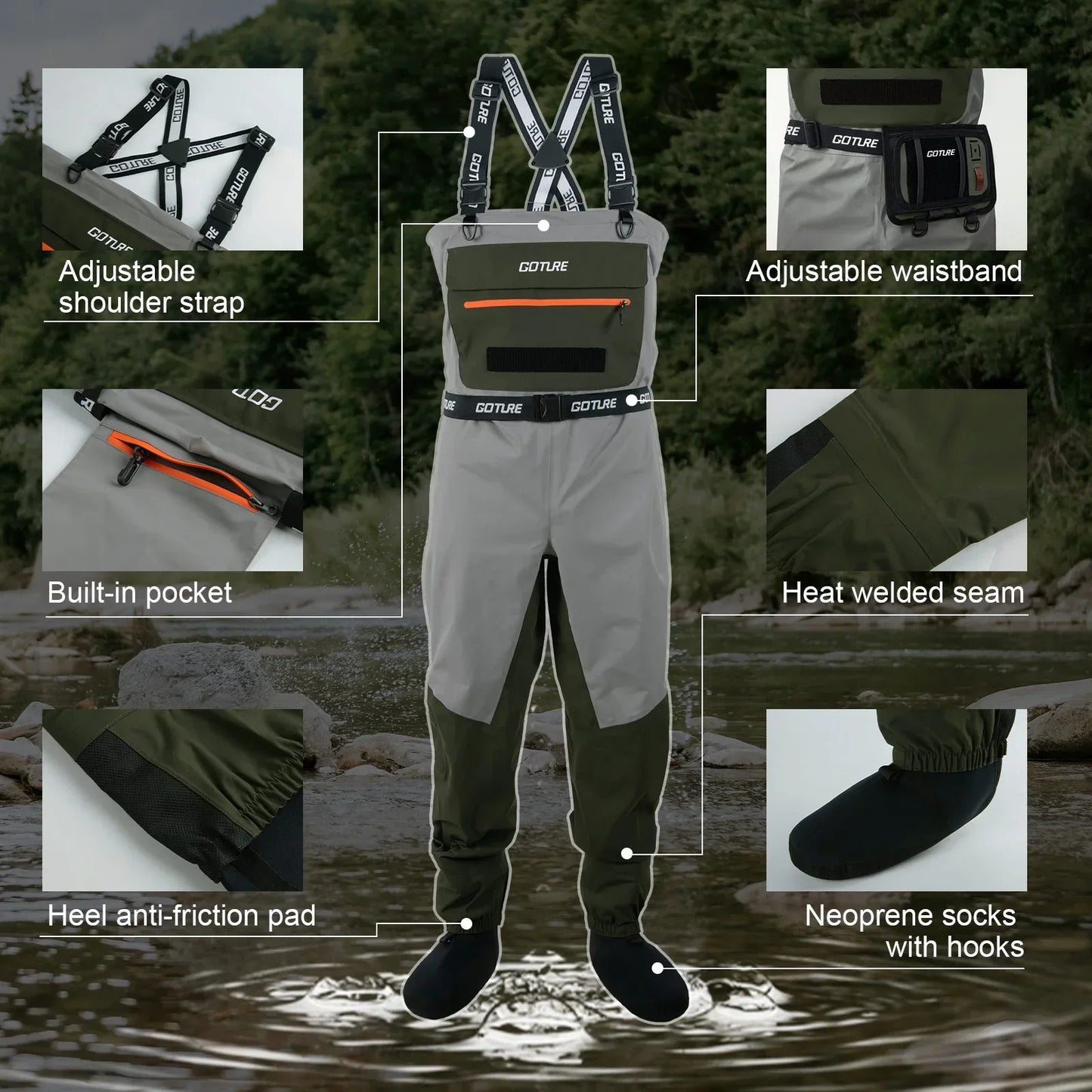 5-Layer Waterproof Breathable Chest Waders with Cup Holder Fly Fishing Waders Pants Durable Stocking Foot for Men Women