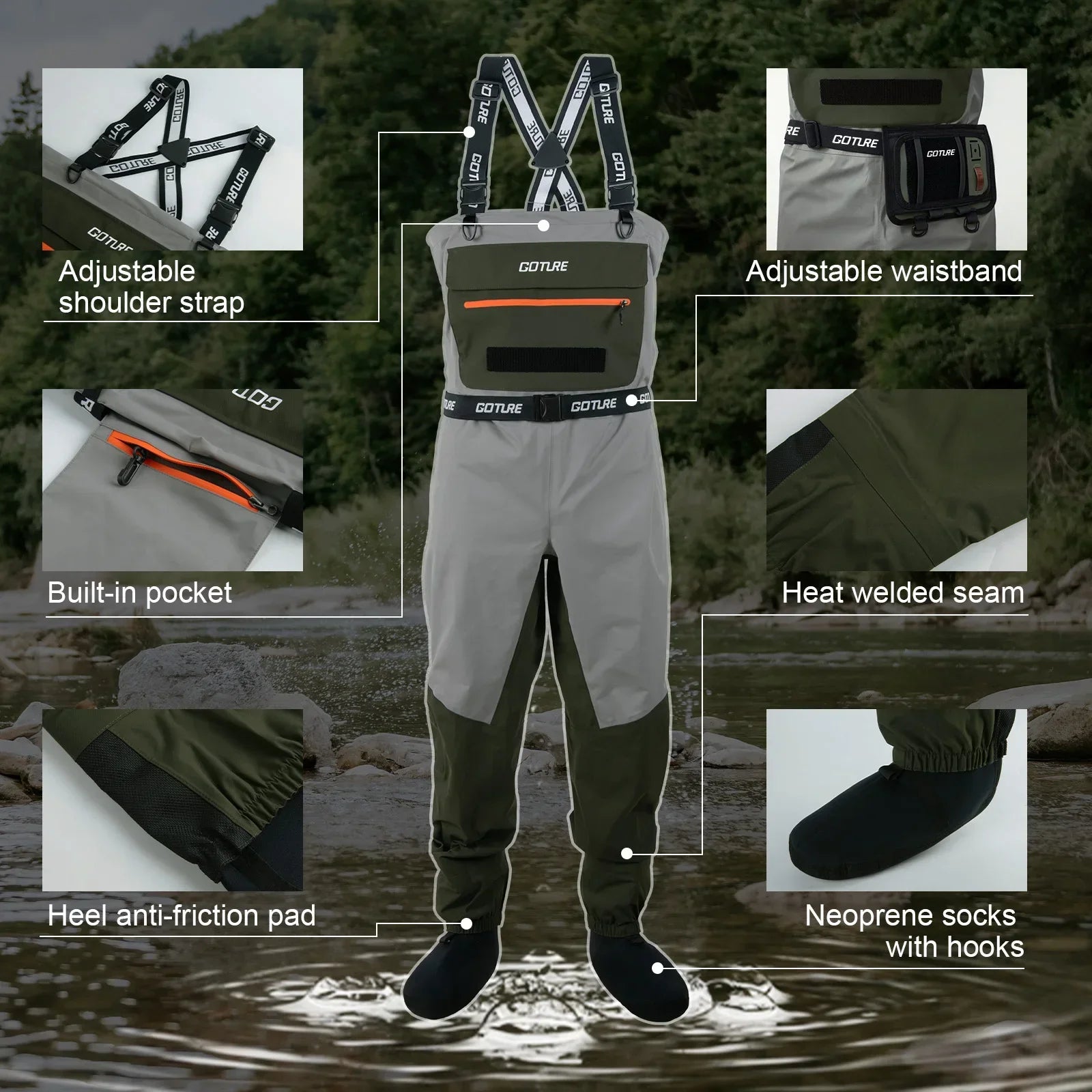 5-Layer Waterproof Breathable Chest Waders with Cup Holder Fly Fishing Waders Pants Durable Stocking Foot for Men Women