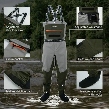 5-Layer Waterproof Breathable Chest Waders with Cup Holder Fly Fishing Waders Pants Durable Stocking Foot for Men Women