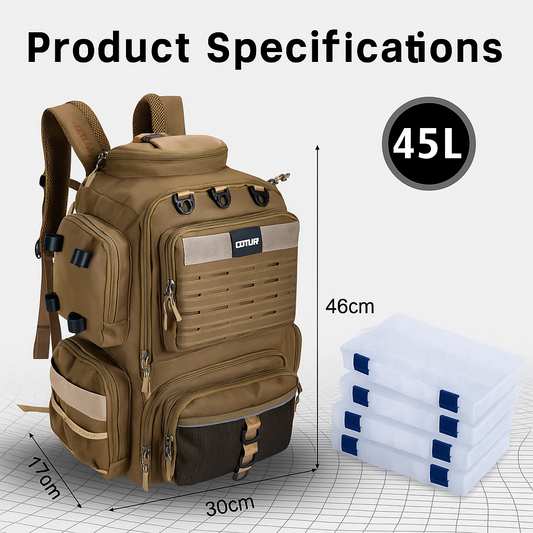 45L Water-Resistant Fishing Backpack – with Rod Holders & Organized Storage for Anglers, Camping & Hiking