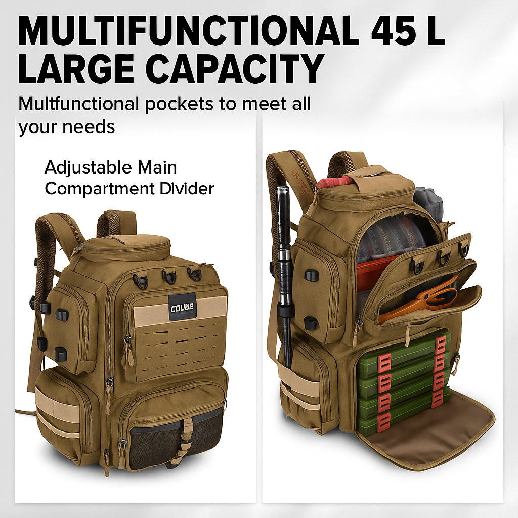 45L Water-Resistant Fishing Backpack – with Rod Holders & Organized Storage for Anglers, Camping & Hiking