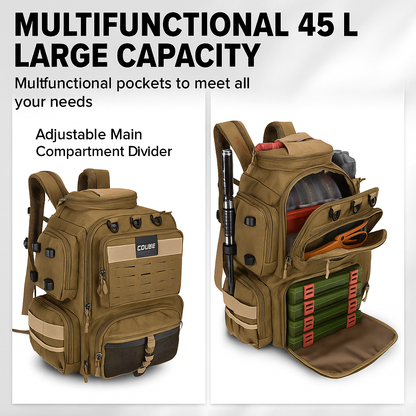 45L Water-Resistant Fishing Backpack – with Rod Holders & Organized Storage for Anglers, Camping & Hiking