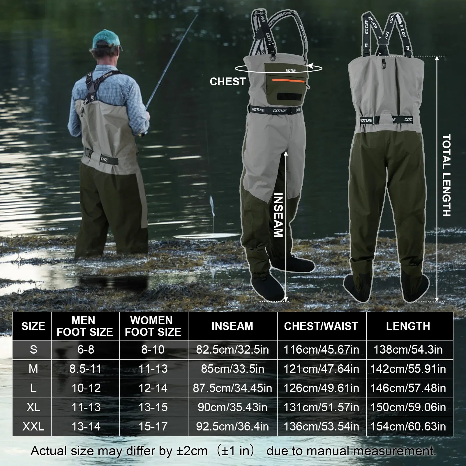 5-Layer Waterproof Breathable Chest Waders with Cup Holder Fly Fishing Waders Pants Durable Stocking Foot for Men Women
