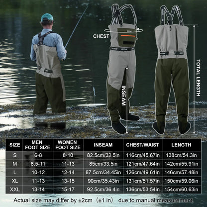 5-Layer Waterproof Breathable Chest Waders with Cup Holder Fly Fishing Waders Pants Durable Stocking Foot for Men Women