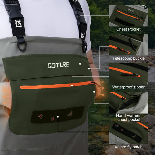 5-Layer Waterproof Breathable Chest Waders with Cup Holder Fly Fishing Waders Pants Durable Stocking Foot for Men Women