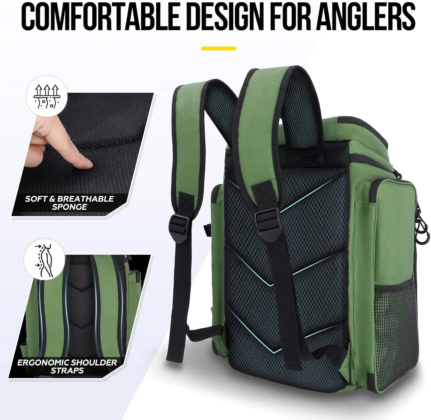 Fishing Backpack with Rod Holders Large Water-Resistant Fishing Tackle Bag Store Fishing Gear Lure Organizer Storage Bagpack