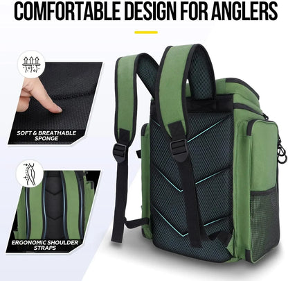 Fishing Backpack with Rod Holders Large Water-Resistant Fishing Tackle Bag Store Fishing Gear Lure Organizer Storage Bagpack
