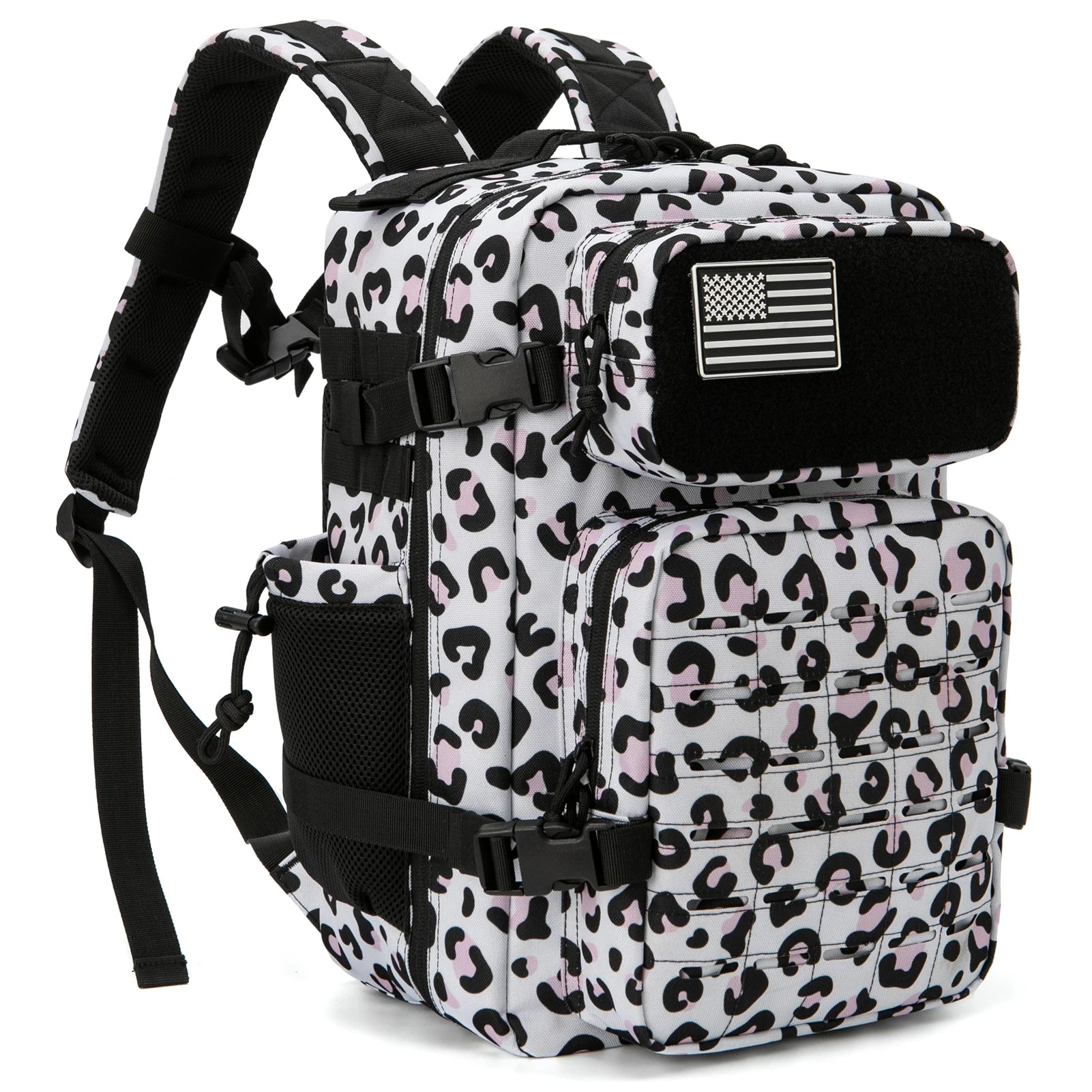 25L Stylish Tactical Fishing Backpack for Women – Water-Resistant Hiking & Survival Bag with Black-Pink Check or Leopard Print