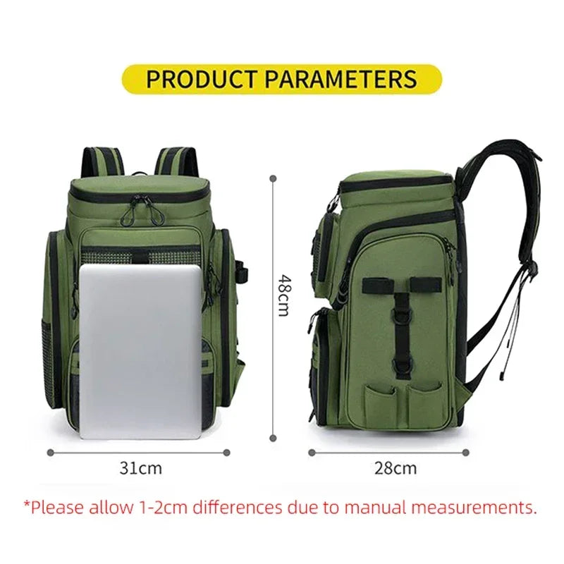 Fishing Backpack with Rod Holders Large Water-Resistant Fishing Tackle Bag Store Fishing Gear Lure Organizer Storage Bagpack