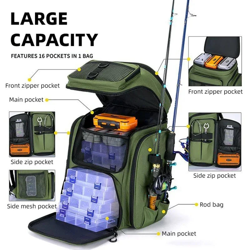 Fishing Backpack with Rod Holders Large Water-Resistant Fishing Tackle Bag Store Fishing Gear Lure Organizer Storage Bagpack