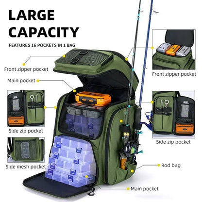 Fishing Backpack with Rod Holders Large Water-Resistant Fishing Tackle Bag Store Fishing Gear Lure Organizer Storage Bagpack