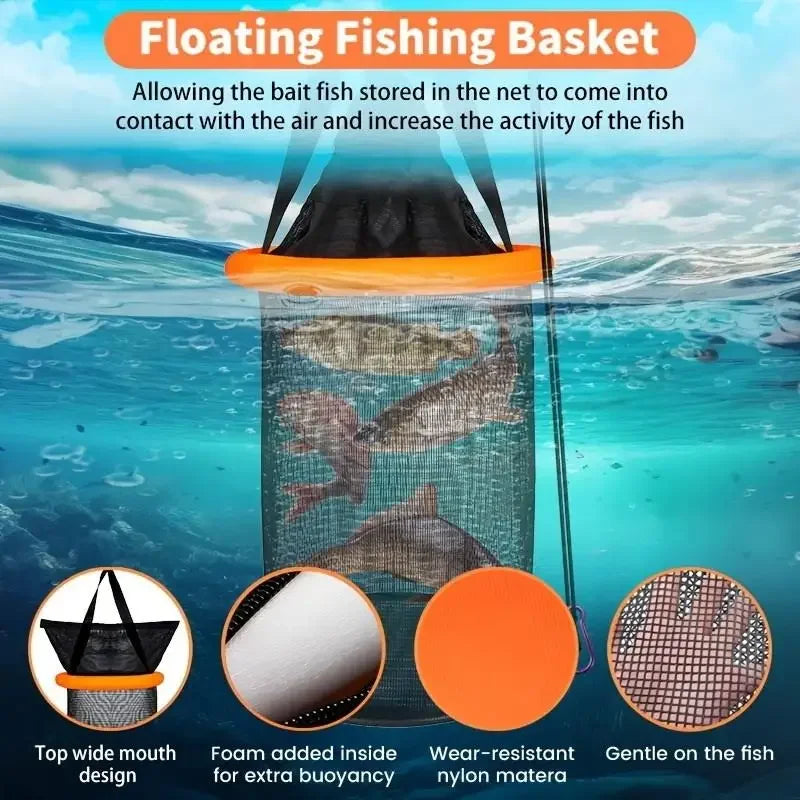 1Pc Fishing Net Fish Shrimp Basket Portable Mesh Landing Nets Fishing Bucket Anti-Jump Net Lobster Pocket Floating Fish Keeper