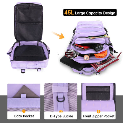 Purple Pastel Tactical Fishing Backpack for Women – 45L Water-Resistant Fishing & Outdoor Gear Bag, 1000D Oxford Fabric