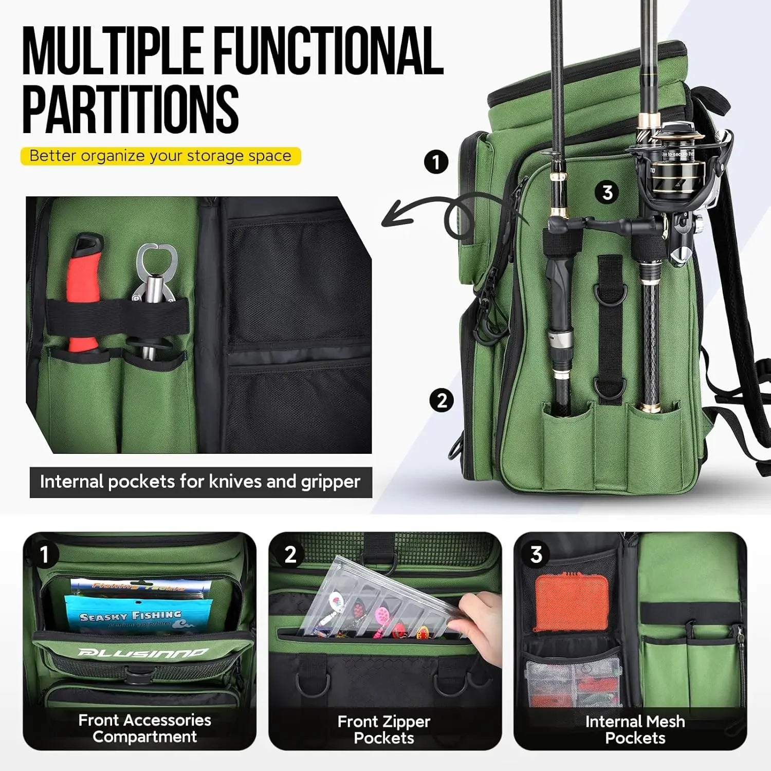 Fishing Backpack with Rod Holders Large Water-Resistant Fishing Tackle Bag Store Fishing Gear Lure Organizer Storage Bagpack