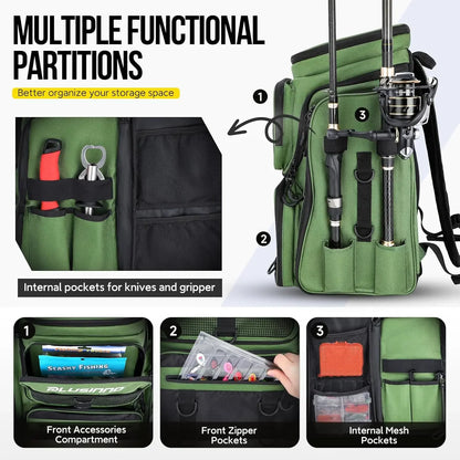 Fishing Backpack with Rod Holders Large Water-Resistant Fishing Tackle Bag Store Fishing Gear Lure Organizer Storage Bagpack