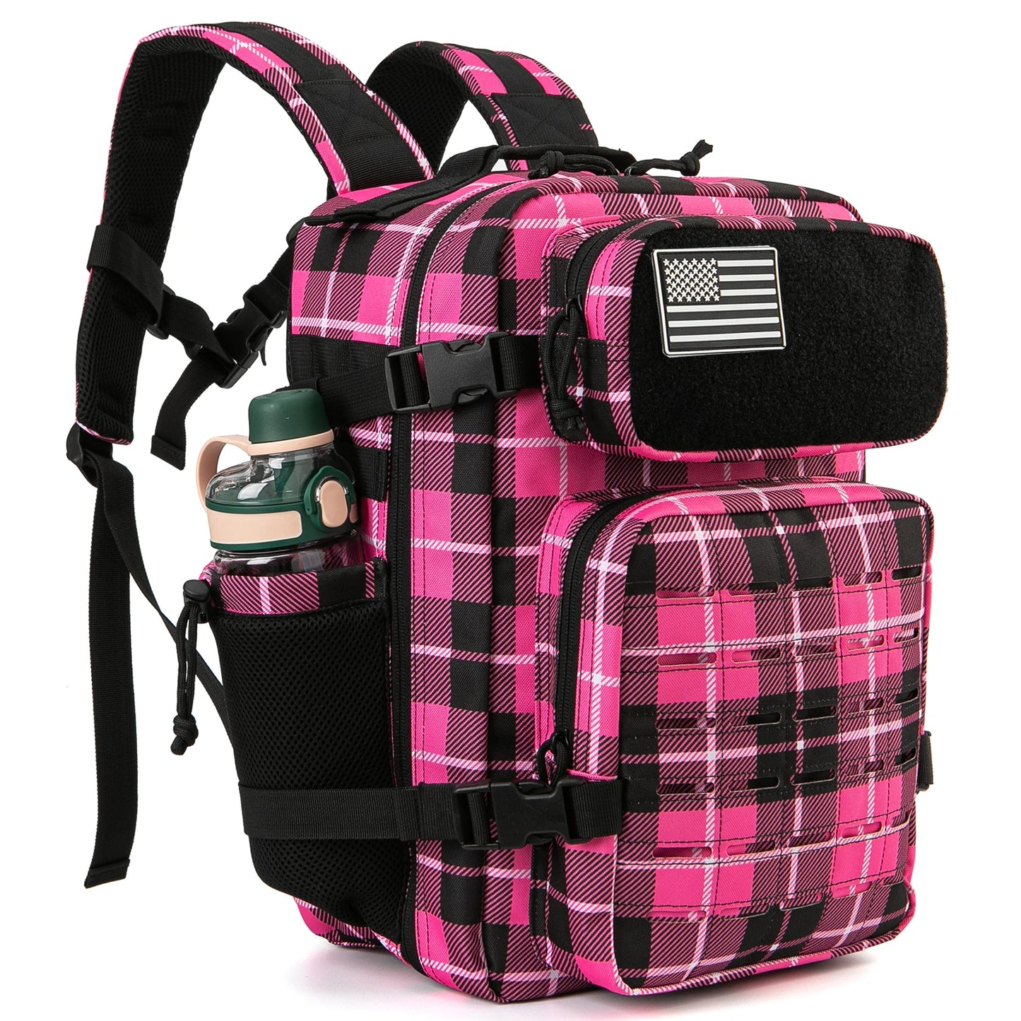 25L Stylish Tactical Fishing Backpack for Women – Water-Resistant Hiking & Survival Bag with Black-Pink Check or Leopard Print