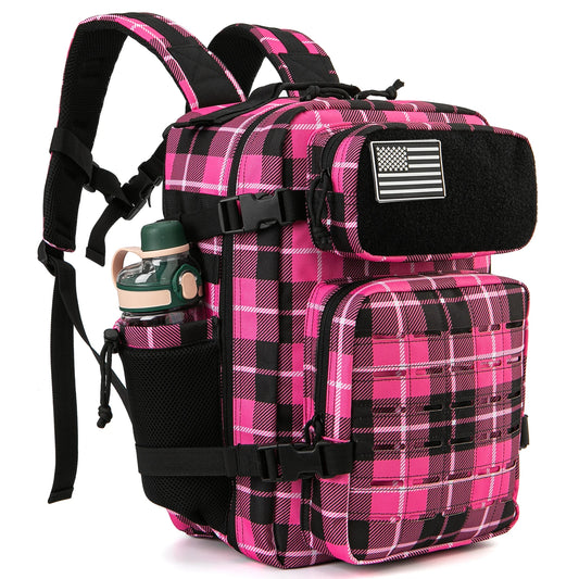 25L Stylish Tactical Fishing Backpack for Women – Water-Resistant Hiking & Survival Bag with Black-Pink Check or Leopard Print