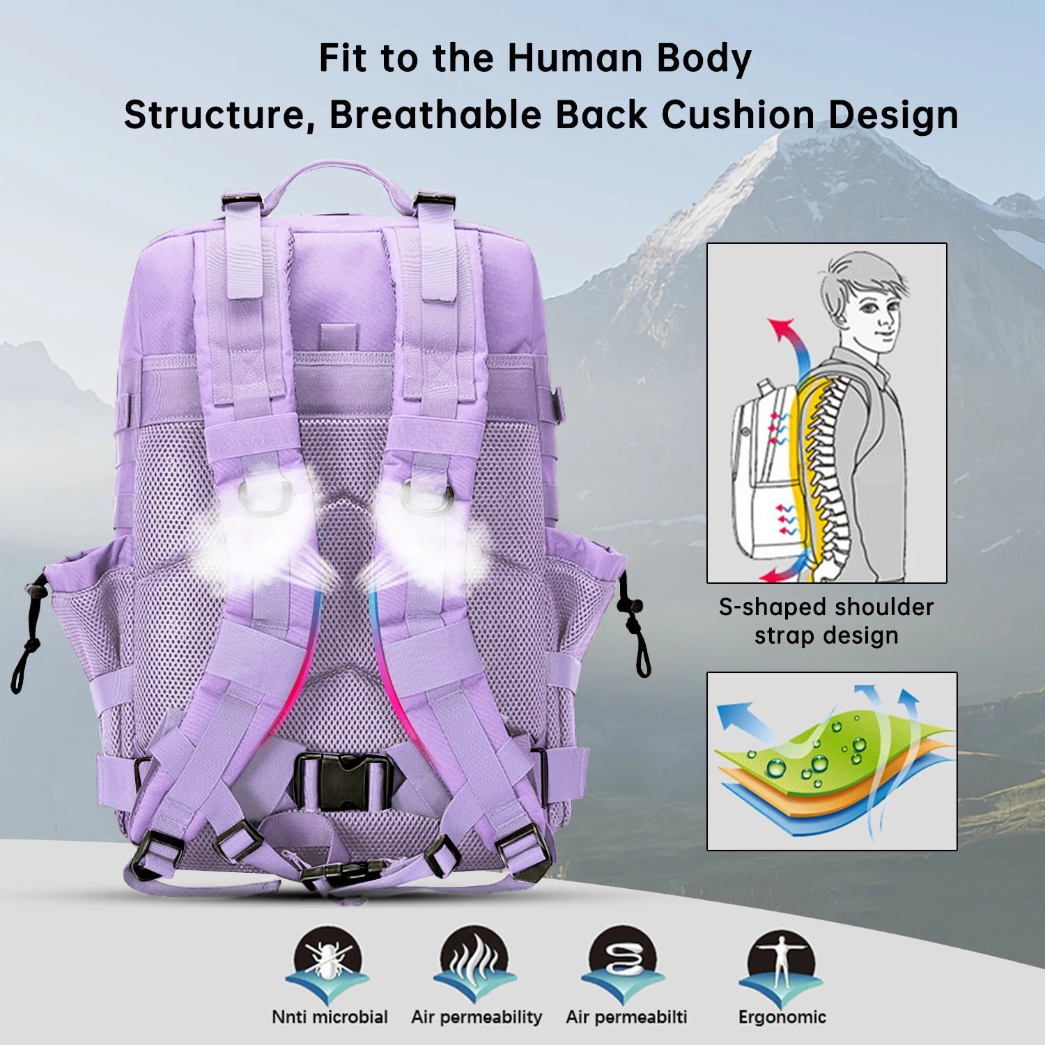 Purple Pastel Tactical Fishing Backpack for Women – 45L Water-Resistant Fishing & Outdoor Gear Bag, 1000D Oxford Fabric