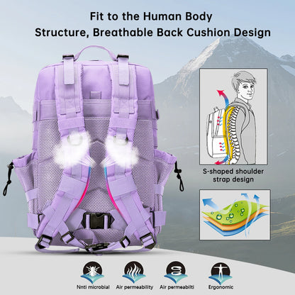 Purple Pastel Tactical Fishing Backpack for Women – 45L Water-Resistant Fishing & Outdoor Gear Bag, 1000D Oxford Fabric