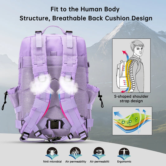 Purple Pastel Tactical Fishing Backpack for Women – 45L Water-Resistant Fishing & Outdoor Gear Bag, 1000D Oxford Fabric