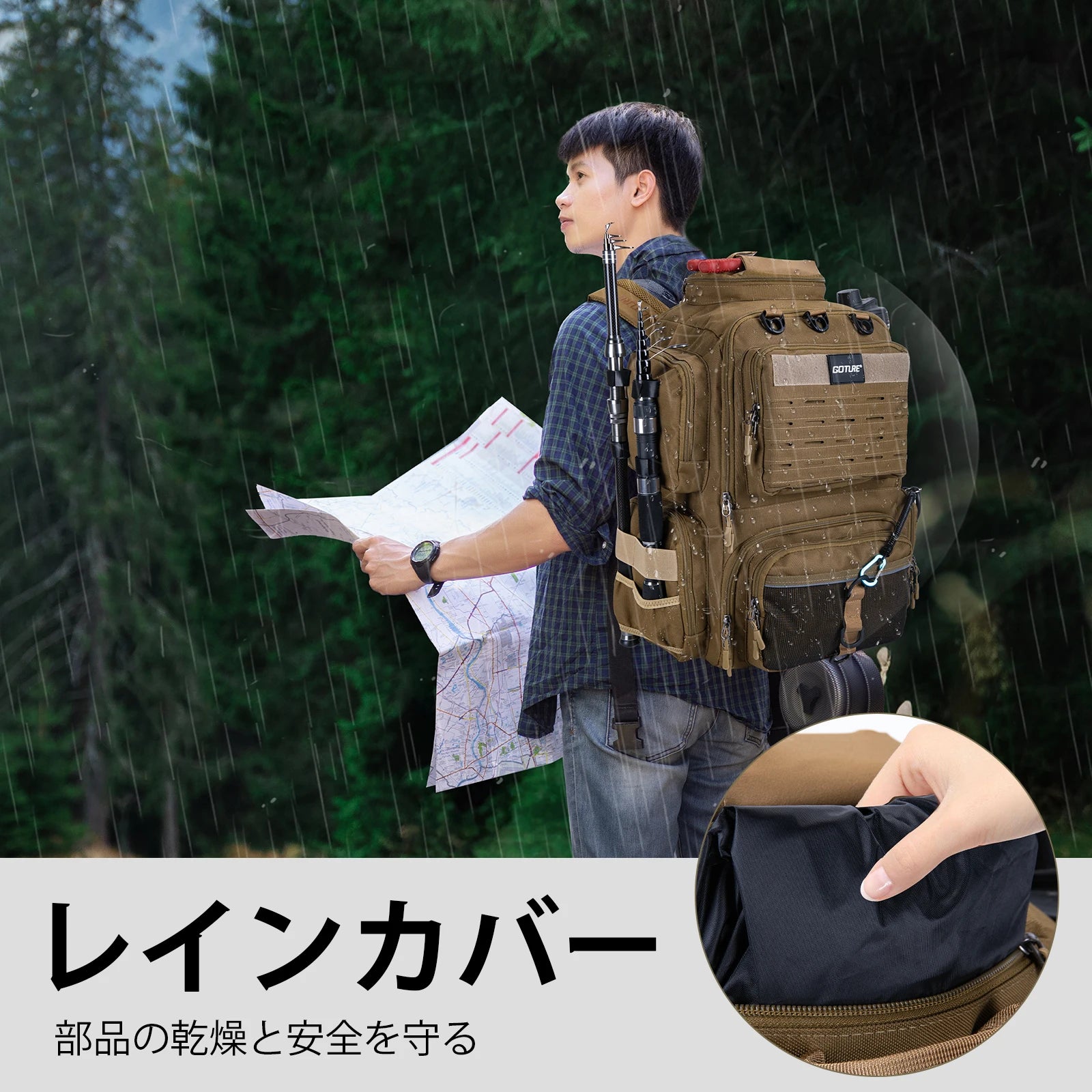 45L Fishing Backpack 900D Water-Resistant Large Durable Fishing Bag with Rod Holders Fishing Gear Camping Hiking Outdoor