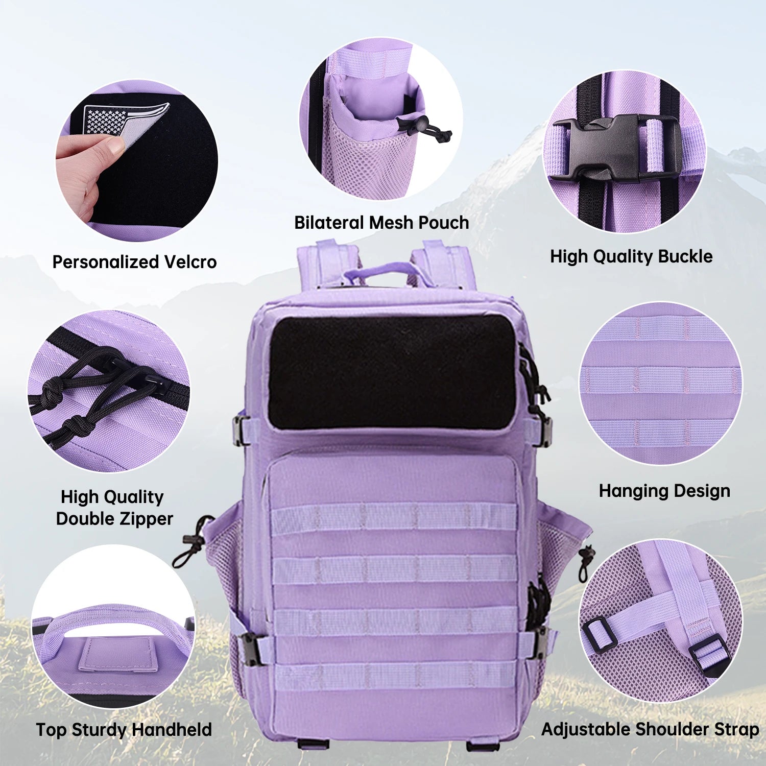 Purple Pastel Tactical Fishing Backpack for Women – 45L Water-Resistant Fishing & Outdoor Gear Bag, 1000D Oxford Fabric
