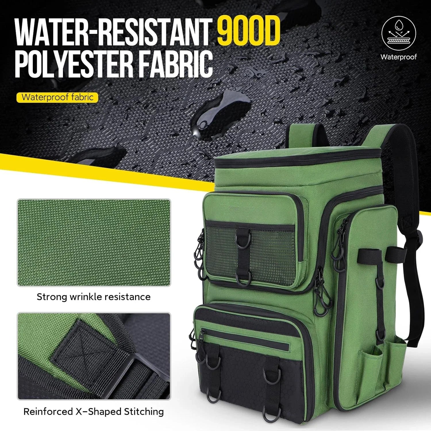 Fishing Backpack with Rod Holders Large Water-Resistant Fishing Tackle Bag Store Fishing Gear Lure Organizer Storage Bagpack