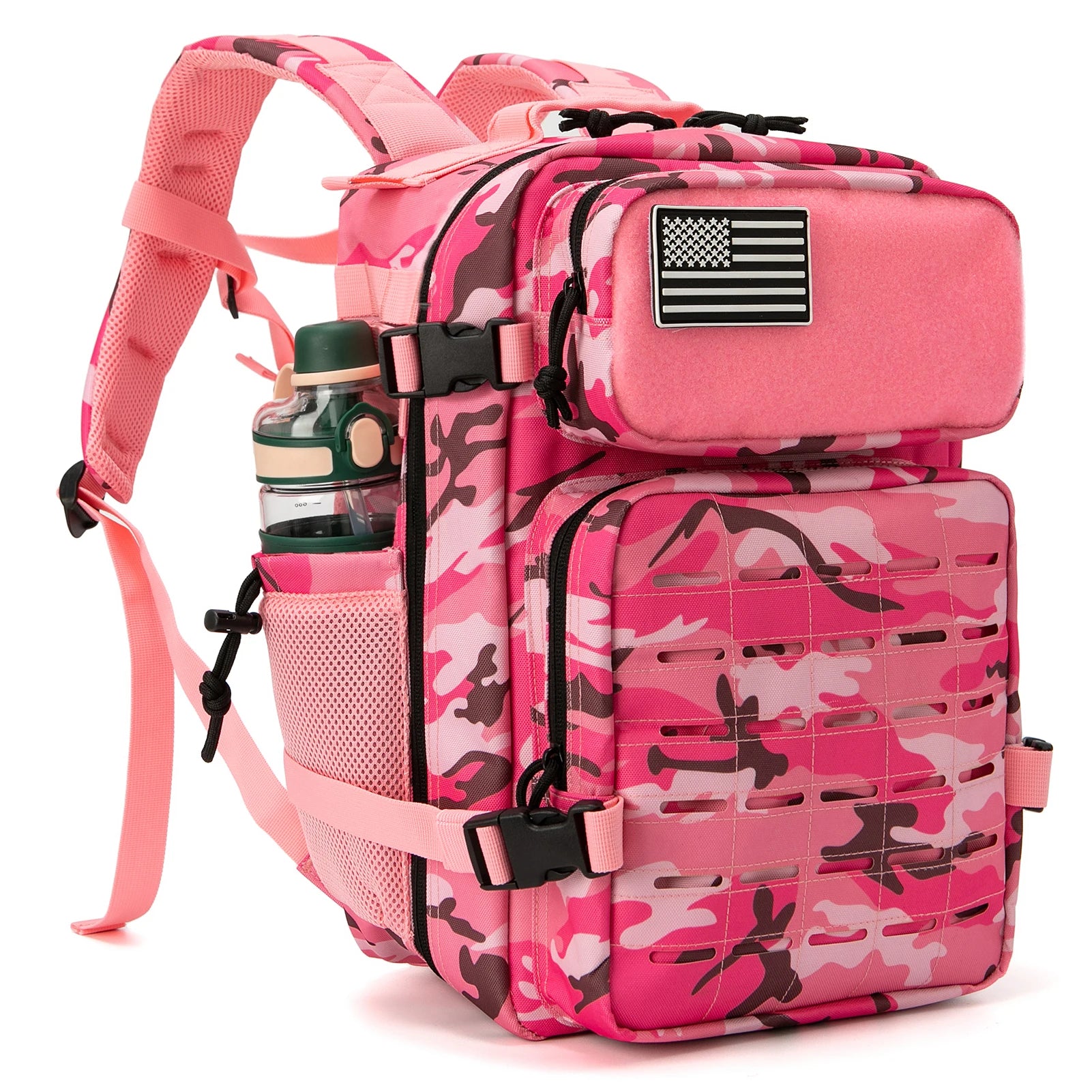 25L Stylish Tactical Fishing Backpack for Women – Water-Resistant Hiking & Survival Bag with Black-Pink Check or Leopard Print