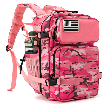 25L Stylish Tactical Fishing Backpack for Women – Water-Resistant Hiking & Survival Bag with Black-Pink Check or Leopard Print