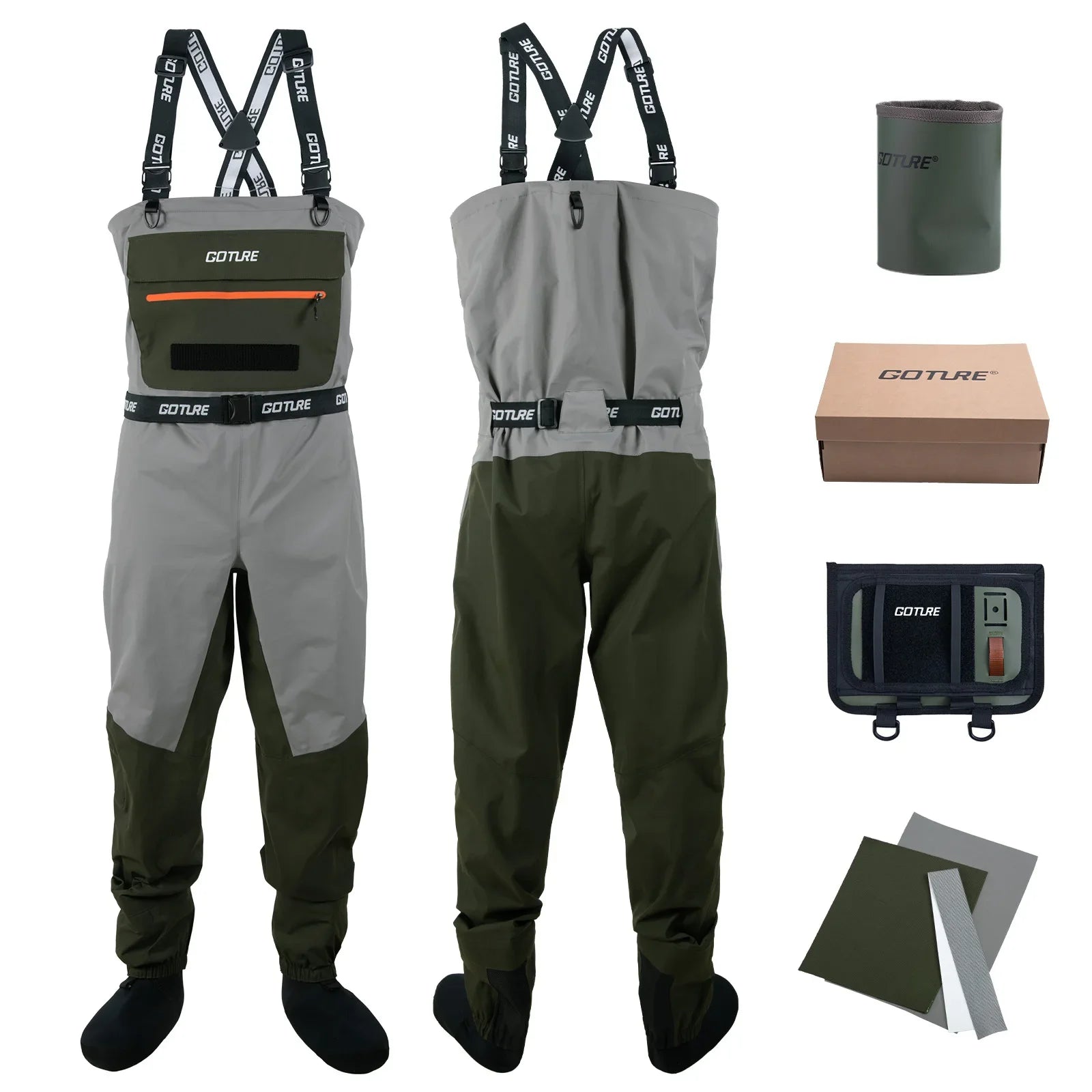 5-Layer Waterproof Breathable Chest Waders with Cup Holder Fly Fishing Waders Pants Durable Stocking Foot for Men Women